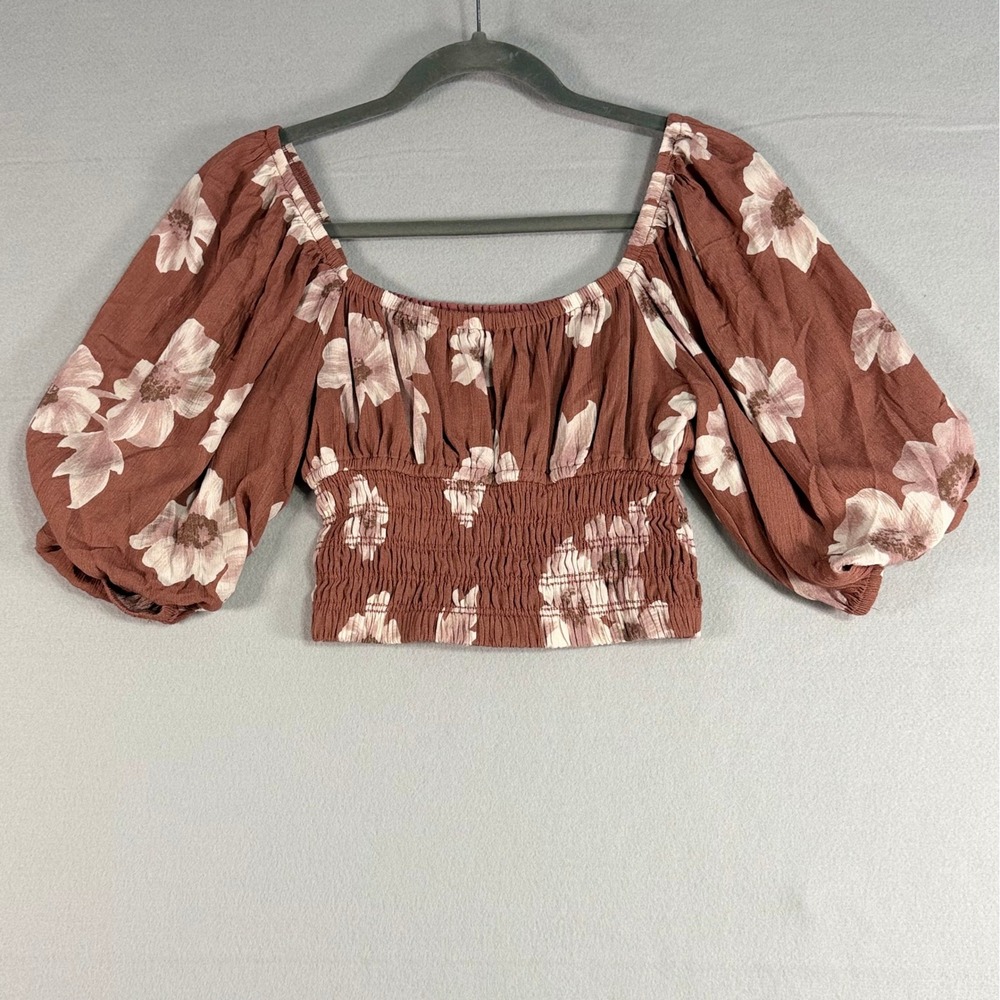 By Together Crop Top M Brown Floral Puff Sleeve Smocked Boho Cottagecore